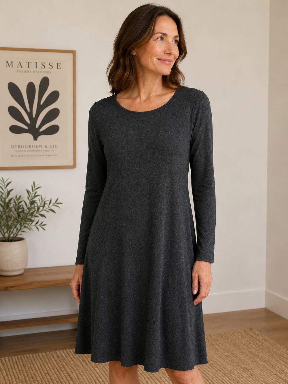 Eileen Fisher A-Line Jersey Knit Long Sleeve Dress Charcoal Gray Women's Medium
